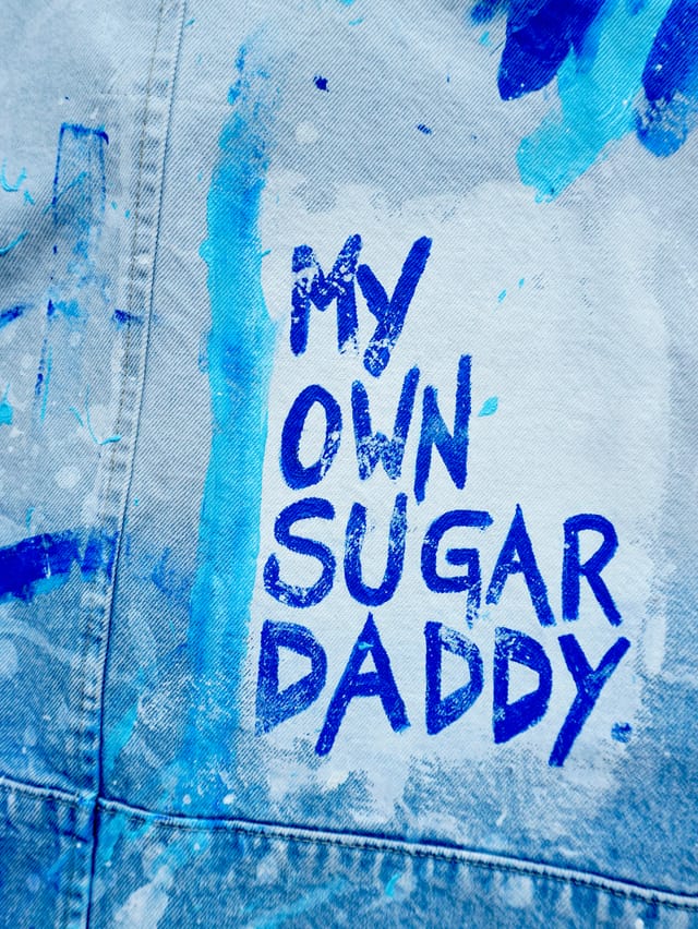 MY OWN SUGAR DADDY — hand-painted denim jacket by VALYOU Couture® (detail)