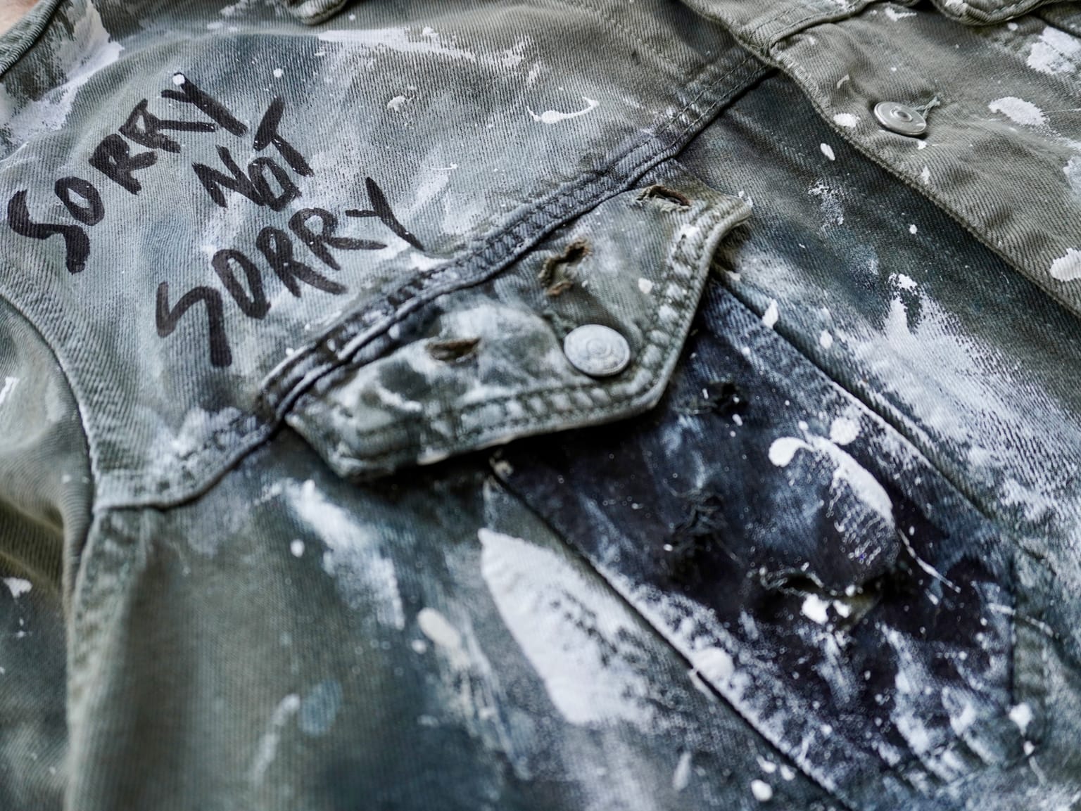 NOT YOUR BUSINESS — hand-painted denim jacket by VALYOU Couture® (detail)